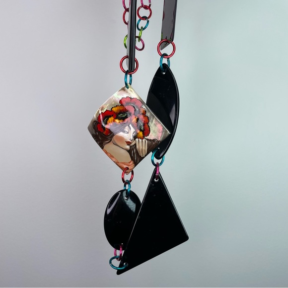 Artisan-Made Hand-Painted Mother of Pearl & Acrylic Geometrical Necklace - Picture 2 of 12